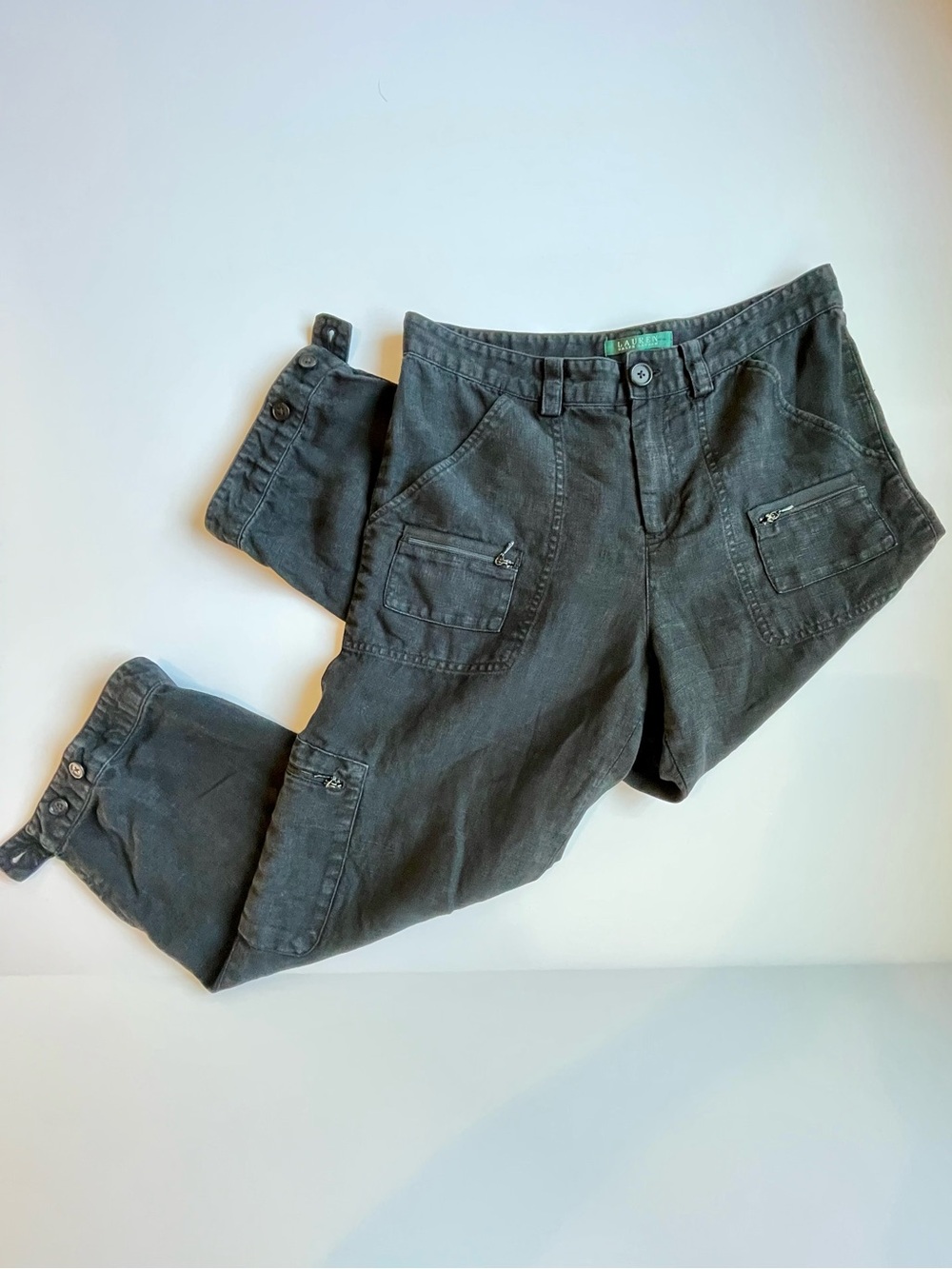 Ralph Lauren 100% Linen Black Pants Cargo Crop Front Zip Pockets Coastal Sz4 GUC